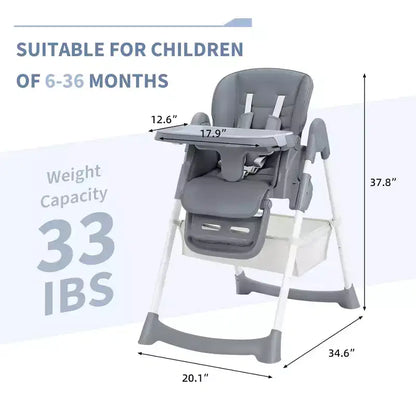 Seggiolone Pappa Pieghevole per Bambini con Imbracatura a 5 Punti - Altezza Regolabile, Vassoio Rimovibile e Ruote Bloccabili, Seggiolone Portatile in Pelle PU (Grigio Scuro)