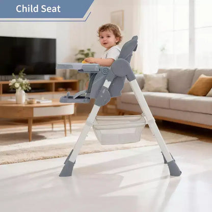 Seggiolone Pappa Pieghevole per Bambini con Imbracatura a 5 Punti - Altezza Regolabile, Vassoio Rimovibile e Ruote Bloccabili, Seggiolone Portatile in Pelle PU (Grigio Scuro)