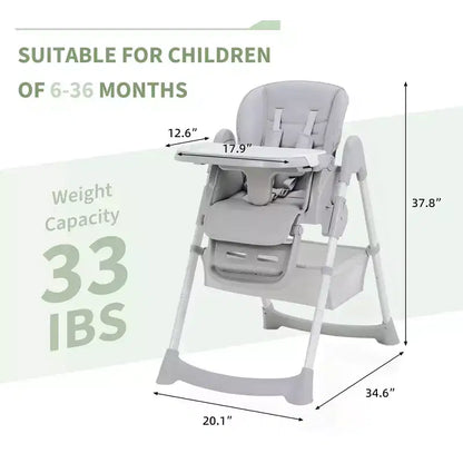 Seggiolone Pappa Pieghevole per Bambini con Imbracatura a 5 Punti - Altezza Regolabile, Vassoio Rimovibile e Ruote Bloccabili, Seggiolone Portatile in Pelle PU (Grigio Scuro)