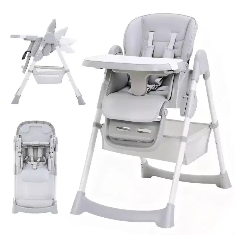 Seggiolone Pappa Pieghevole per Bambini con Imbracatura a 5 Punti - Altezza Regolabile, Vassoio Rimovibile e Ruote Bloccabili, Seggiolone Portatile in Pelle PU (Grigio Scuro)