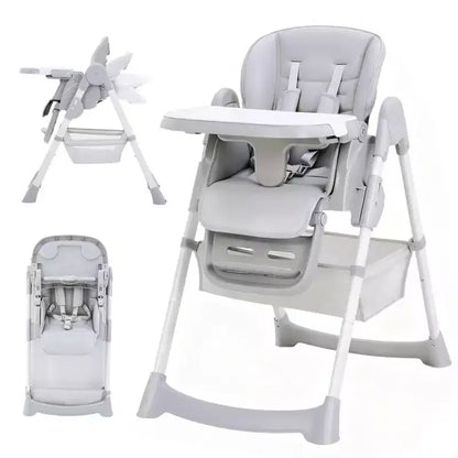 Seggiolone Pappa Pieghevole per Bambini con Imbracatura a 5 Punti - Altezza Regolabile, Vassoio Rimovibile e Ruote Bloccabili, Seggiolone Portatile in Pelle PU (Grigio Scuro)