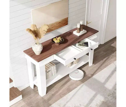Consolle con 2 Cassetti e Ripiano Aperto, Tavolo da Divano Lungo 54 Pollici in Stile Industriale, con Ripiano Contenitore
