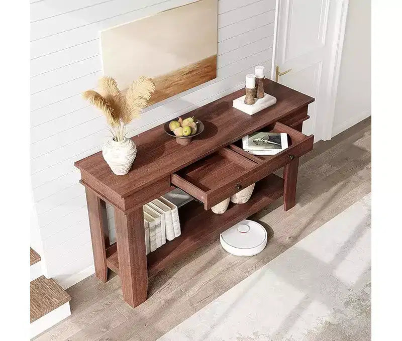 Consolle con 2 Cassetti e Ripiano Aperto, Tavolo da Divano Lungo 54 Pollici in Stile Industriale, con Ripiano Contenitore