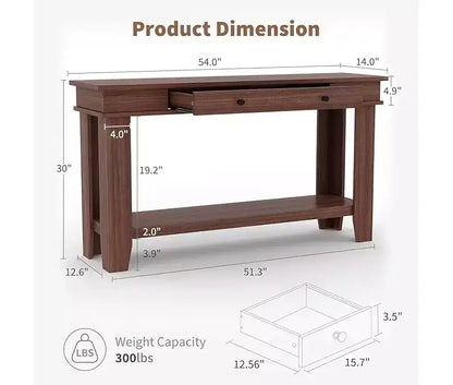 Consolle con 2 Cassetti e Ripiano Aperto, Tavolo da Divano Lungo 54 Pollici in Stile Industriale, con Ripiano Contenitore