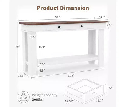 Consolle con 2 Cassetti e Ripiano Aperto, Tavolo da Divano Lungo 54 Pollici in Stile Industriale, con Ripiano Contenitore