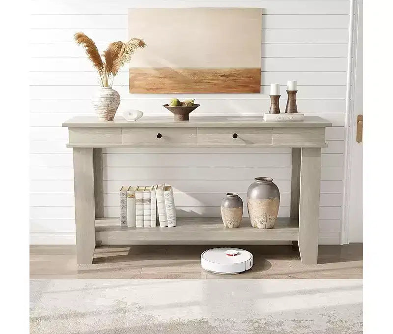 Consolle con 2 Cassetti e Ripiano Aperto, Tavolo da Divano Lungo 54 Pollici in Stile Industriale, con Ripiano Contenitore