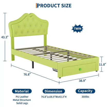 Letto a una piazza con luci a LED e testiera in velluto con bottoni in cristallo, letto imbottito per ragazzo/ragazza con cassetto portaoggetti, nessuna molla necessaria
