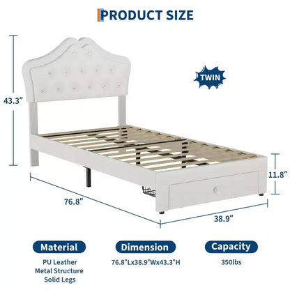 Letto a una piazza con luci a LED e testiera in velluto con bottoni in cristallo, letto imbottito per ragazzo/ragazza con cassetto portaoggetti, nessuna molla necessaria