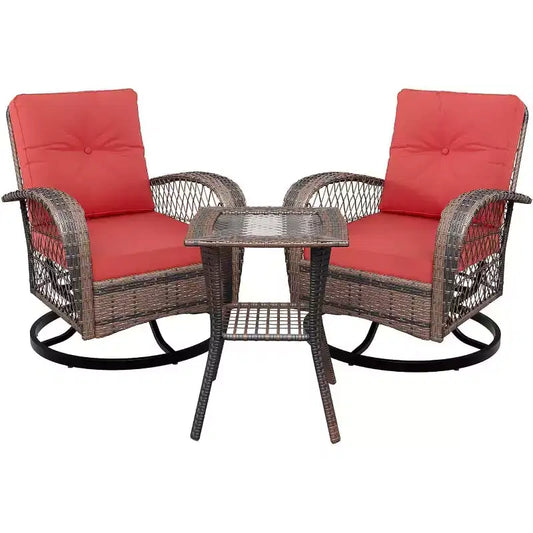 3-Piece Swivel Rocking Patio Chairs Set with 2 360-Degree Swivel Rocking Chairs and Tempered Glass Top Side Tabl, Outdoor Wicker Patio
