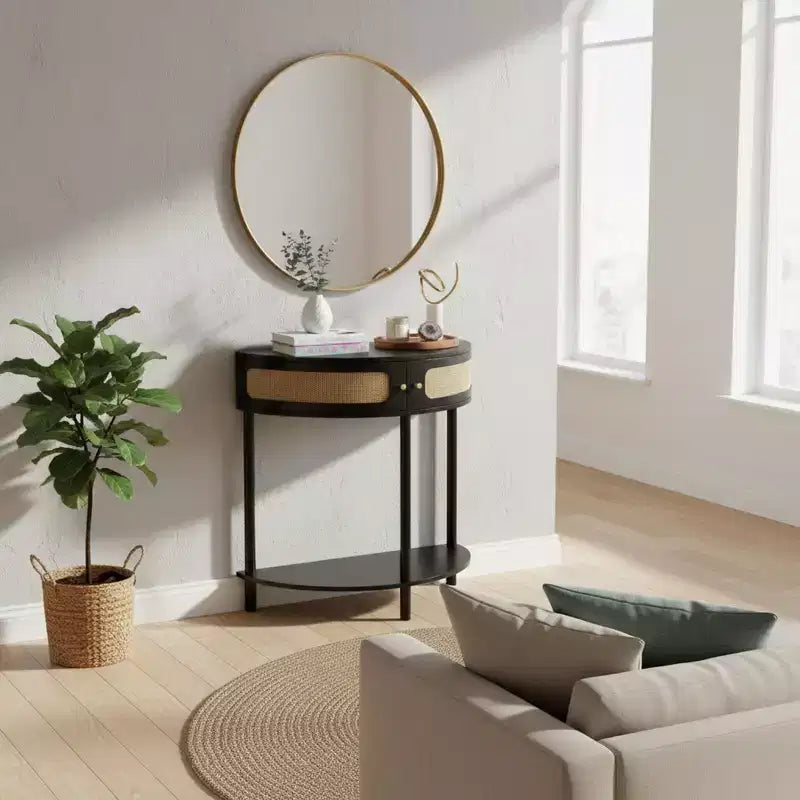 Consolle da Ingresso a Mezzaluna con Frontale in Rattan, Piano in MDF e Gambe in Legno Massello, 80 cm, Cassetto Contenitore
