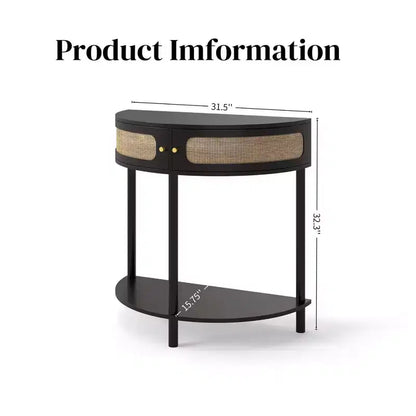 Consolle da Ingresso a Mezzaluna con Frontale in Rattan, Piano in MDF e Gambe in Legno Massello, 80 cm, Cassetto Contenitore