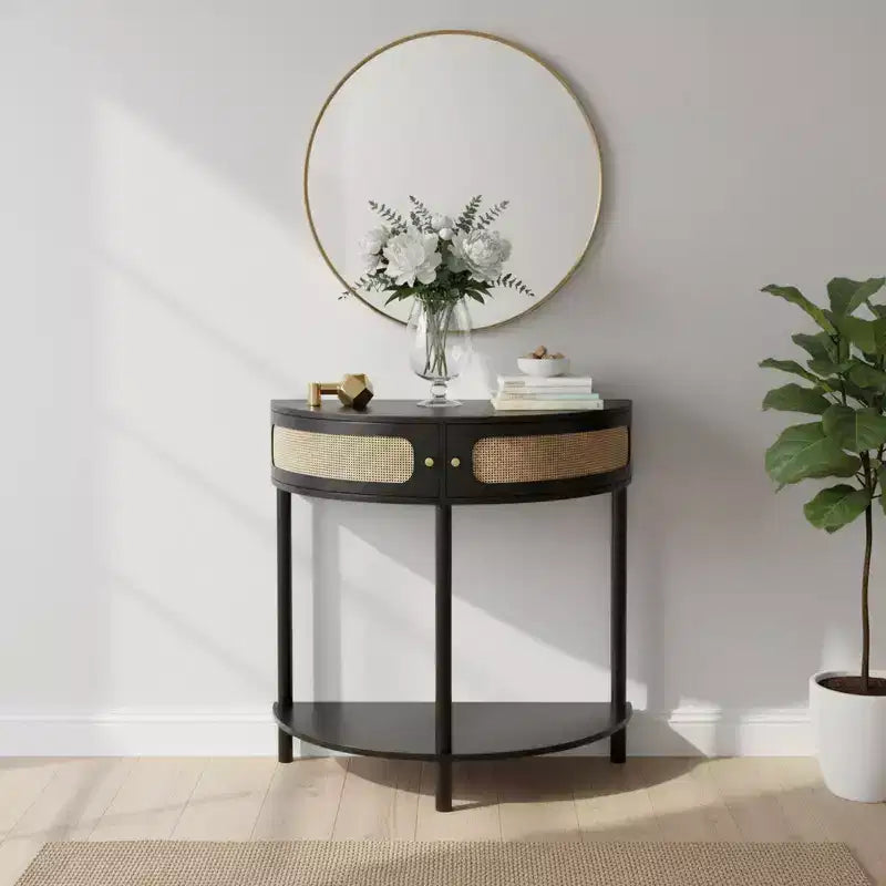 Consolle da Ingresso a Mezzaluna con Frontale in Rattan, Piano in MDF e Gambe in Legno Massello, 80 cm, Cassetto Contenitore