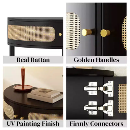 Consolle da Ingresso a Mezzaluna con Frontale in Rattan, Piano in MDF e Gambe in Legno Massello, 80 cm, Cassetto Contenitore