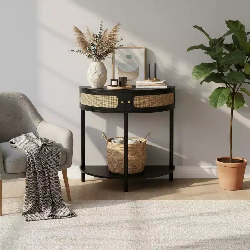 Consolle da Ingresso a Mezzaluna con Frontale in Rattan, Piano in MDF e Gambe in Legno Massello, 80 cm, Cassetto Contenitore