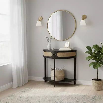 Consolle da Ingresso a Mezzaluna con Frontale in Rattan, Piano in MDF e Gambe in Legno Massello, 80 cm, Cassetto Contenitore