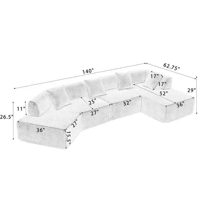 Divano componibile a L moderno da 355 cm con 4 posti, rivestimento in tessuto Boucle, 4 cuscini decorativi, nessun montaggio richiesto