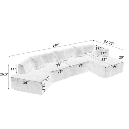 Divano componibile a L moderno da 355 cm con 4 posti, rivestimento in tessuto Boucle, 4 cuscini decorativi, nessun montaggio richiesto