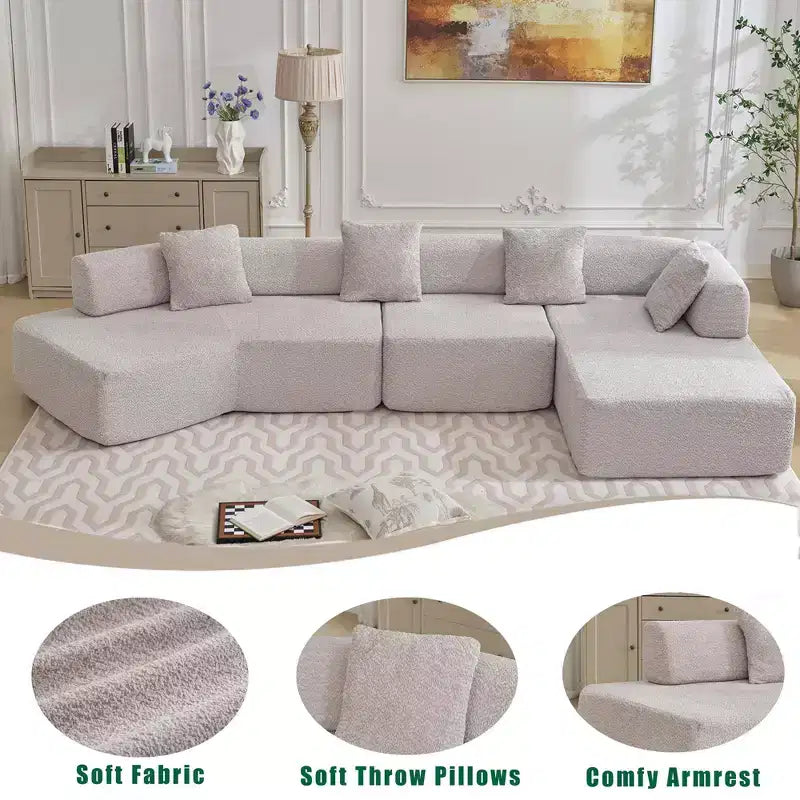 Divano componibile a L moderno da 355 cm con 4 posti, rivestimento in tessuto Boucle, 4 cuscini decorativi, nessun montaggio richiesto
