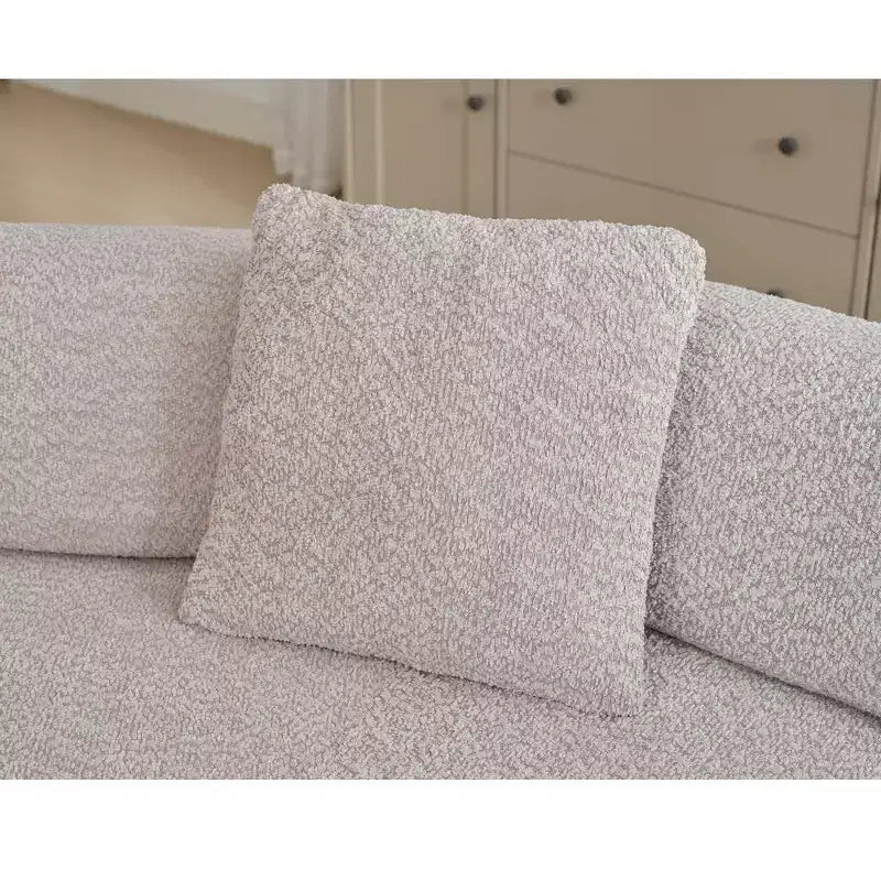 Divano componibile a L moderno da 355 cm con 4 posti, rivestimento in tessuto Boucle, 4 cuscini decorativi, nessun montaggio richiesto