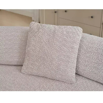 Divano componibile a L moderno da 355 cm con 4 posti, rivestimento in tessuto Boucle, 4 cuscini decorativi, nessun montaggio richiesto