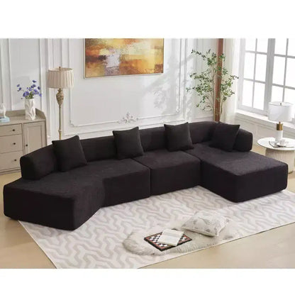 Divano componibile a L moderno da 355 cm con 4 posti, rivestimento in tessuto Boucle, 4 cuscini decorativi, nessun montaggio richiesto