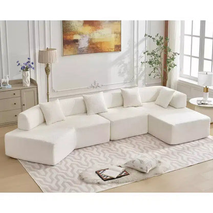 Divano componibile a L moderno da 355 cm con 4 posti, rivestimento in tessuto Boucle, 4 cuscini decorativi, nessun montaggio richiesto
