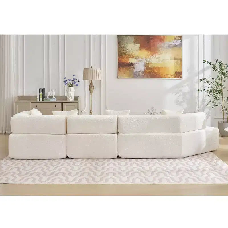 Divano componibile a L moderno da 355 cm con 4 posti, rivestimento in tessuto Boucle, 4 cuscini decorativi, nessun montaggio richiesto