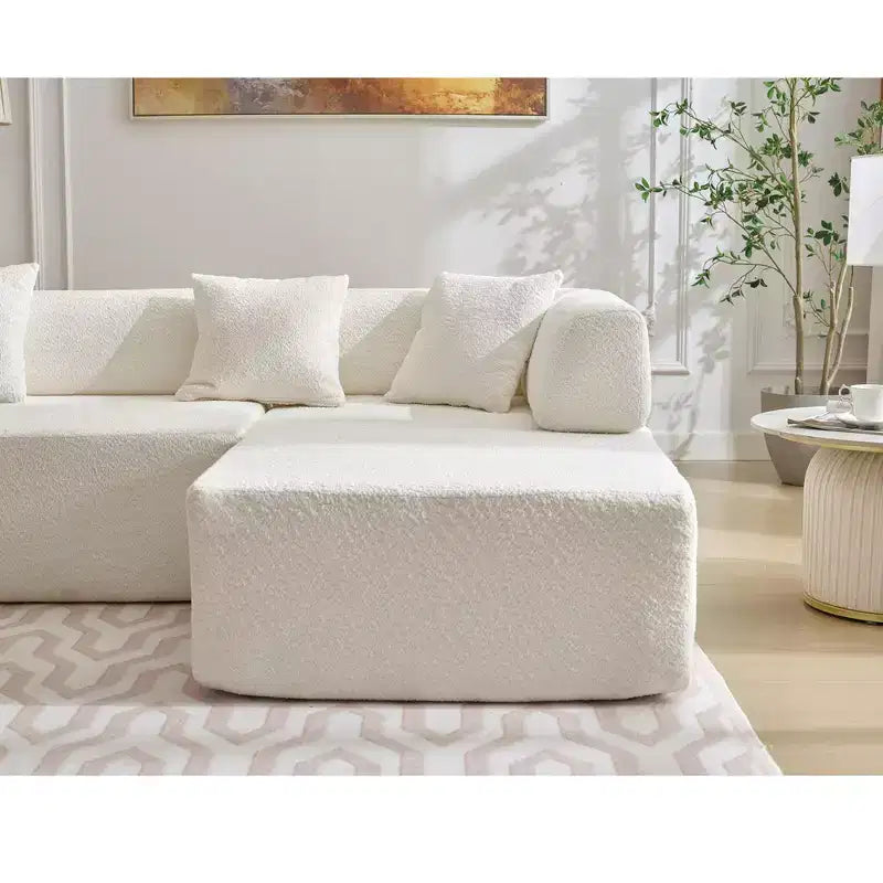 Divano componibile a L moderno da 355 cm con 4 posti, rivestimento in tessuto Boucle, 4 cuscini decorativi, nessun montaggio richiesto