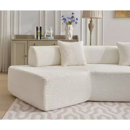 Divano componibile a L moderno da 355 cm con 4 posti, rivestimento in tessuto Boucle, 4 cuscini decorativi, nessun montaggio richiesto