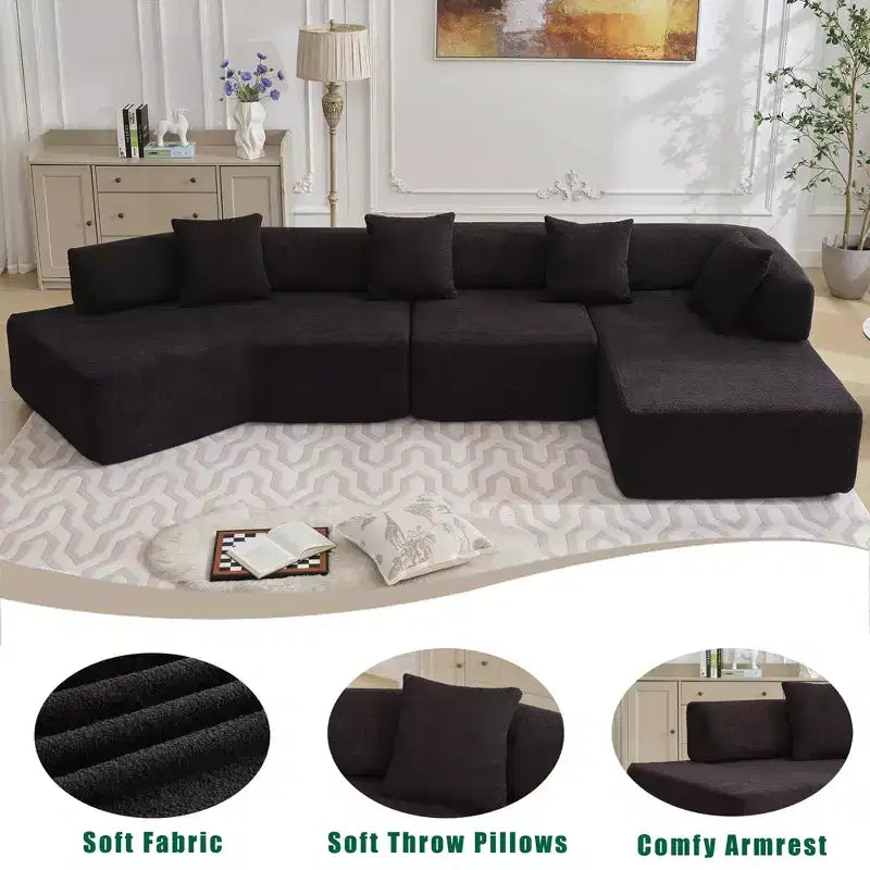 Divano componibile a L moderno da 355 cm con 4 posti, rivestimento in tessuto Boucle, 4 cuscini decorativi, nessun montaggio richiesto