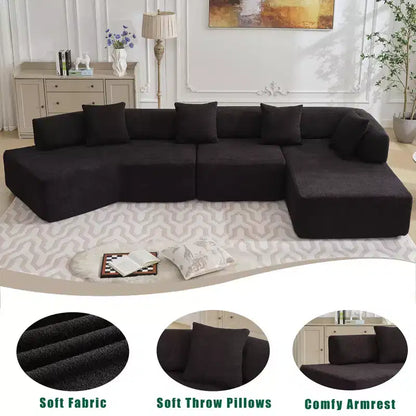Divano componibile a L moderno da 355 cm con 4 posti, rivestimento in tessuto Boucle, 4 cuscini decorativi, nessun montaggio richiesto
