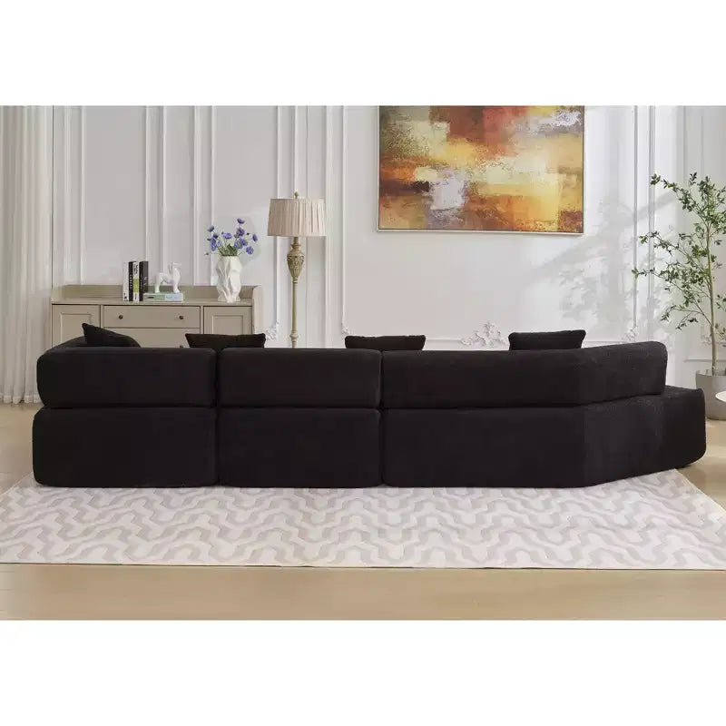 Divano componibile a L moderno da 355 cm con 4 posti, rivestimento in tessuto Boucle, 4 cuscini decorativi, nessun montaggio richiesto
