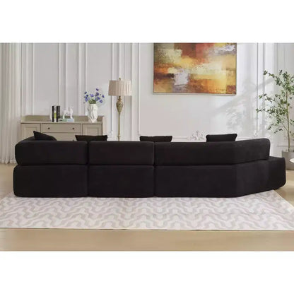Divano componibile a L moderno da 355 cm con 4 posti, rivestimento in tessuto Boucle, 4 cuscini decorativi, nessun montaggio richiesto