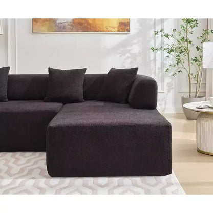 Divano componibile a L moderno da 355 cm con 4 posti, rivestimento in tessuto Boucle, 4 cuscini decorativi, nessun montaggio richiesto
