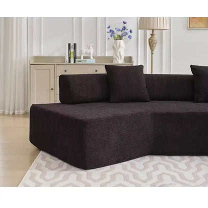 Divano componibile a L moderno da 355 cm con 4 posti, rivestimento in tessuto Boucle, 4 cuscini decorativi, nessun montaggio richiesto