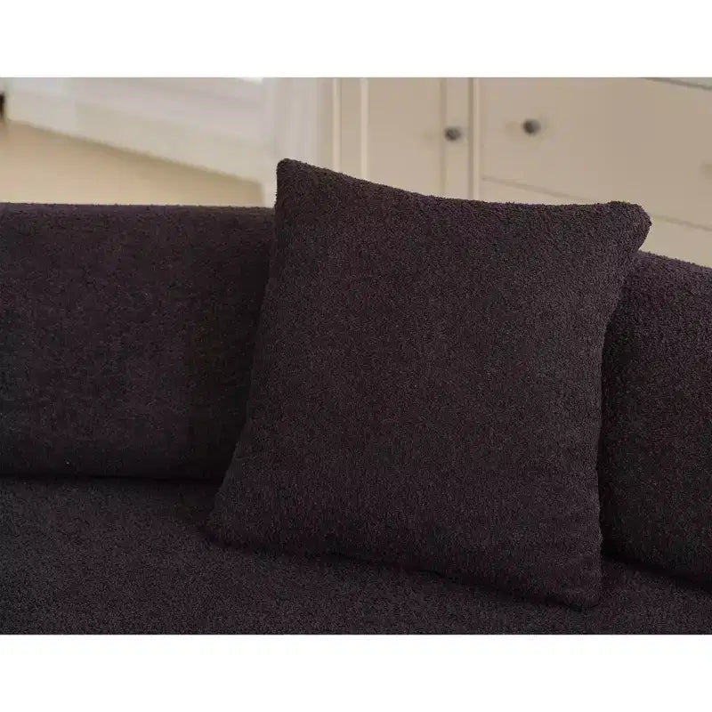 Divano componibile a L moderno da 355 cm con 4 posti, rivestimento in tessuto Boucle, 4 cuscini decorativi, nessun montaggio richiesto