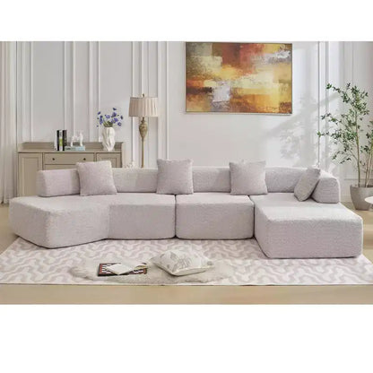 Divano componibile a L moderno da 355 cm con 4 posti, rivestimento in tessuto Boucle, 4 cuscini decorativi, nessun montaggio richiesto