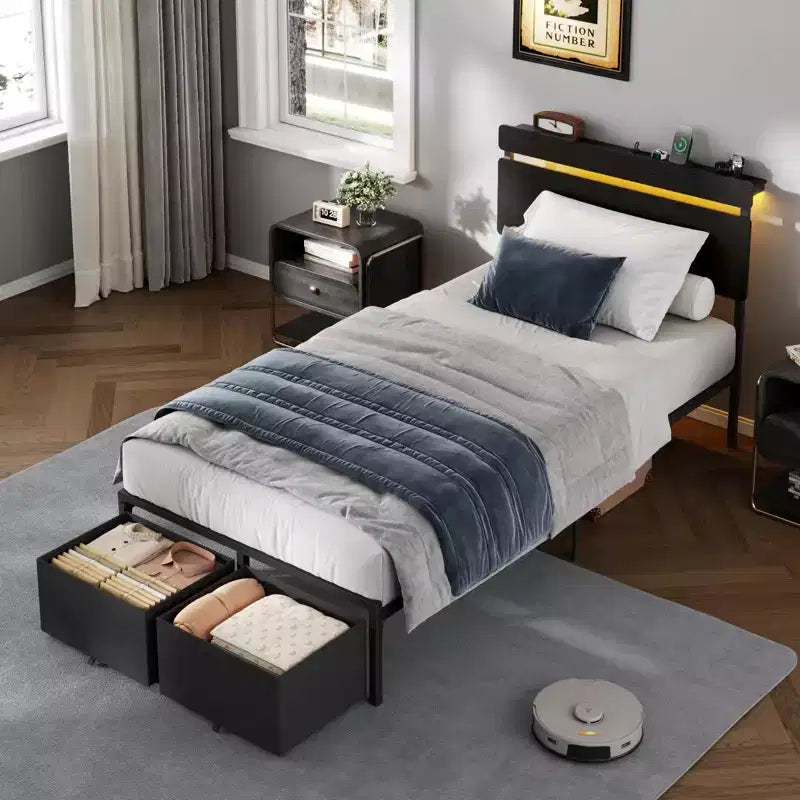 Struttura Letto Singolo Nero con Cassetti Contenitori e Scaffale Incorporati, Stazione di Ricarica, Luci LED, Supporto in Metallo, Testiera in Legno, Stile Industriale