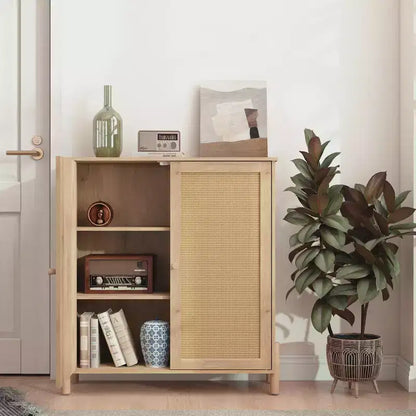 Madia Contenitore, Mobile Contenitore con Ante Decorate in Rattan PE, Credenza Accent Buffet con Piedini in Legno naturale