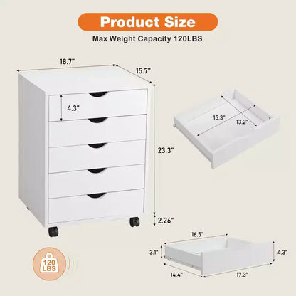 Cassettiera Mobile con 5 Cassetti in Legno e Ruote, Pedana Portadocumenti per Ufficio Domestico