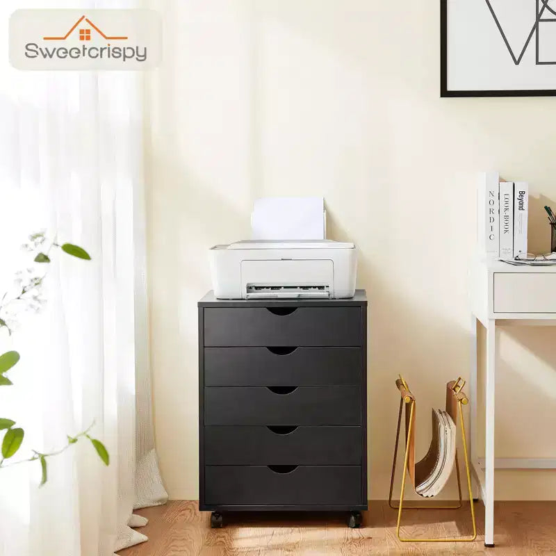 Cassettiera Mobile con 5 Cassetti in Legno e Ruote, Pedana Portadocumenti per Ufficio Domestico