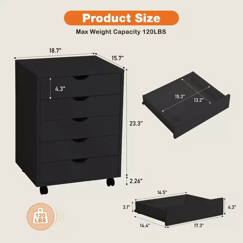 Cassettiera Mobile con 5 Cassetti in Legno e Ruote, Pedana Portadocumenti per Ufficio Domestico