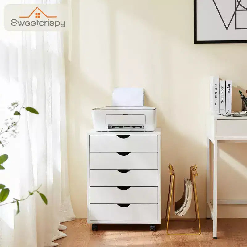 Cassettiera Mobile con 5 Cassetti in Legno e Ruote, Pedana Portadocumenti per Ufficio Domestico