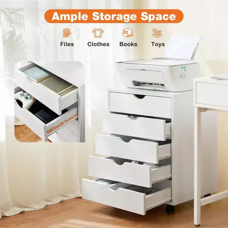 Cassettiera Mobile con 5 Cassetti in Legno e Ruote, Pedana Portadocumenti per Ufficio Domestico