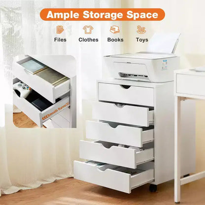 Cassettiera Mobile con 5 Cassetti in Legno e Ruote, Pedana Portadocumenti per Ufficio Domestico