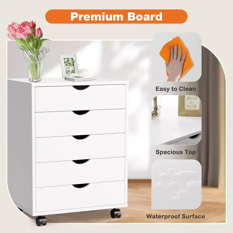 Cassettiera Mobile con 5 Cassetti in Legno e Ruote, Pedana Portadocumenti per Ufficio Domestico