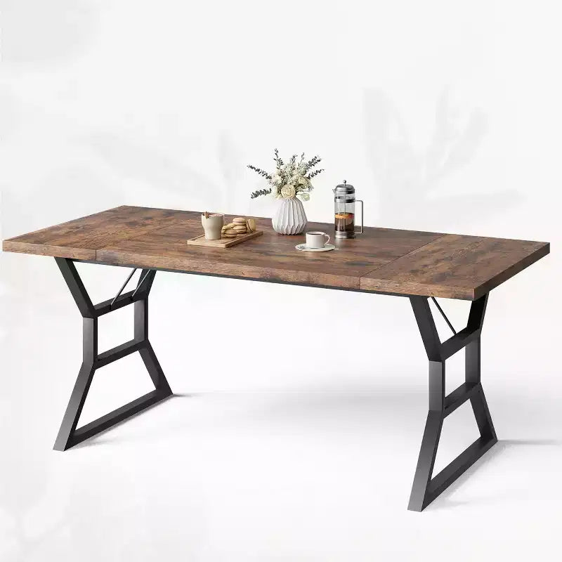 Frame Dining Table with Waist Detail for 6-8 People, Wooden Rectangular Dinner Table with Heavy-Duty Metal Legs, Idel for Dining Room