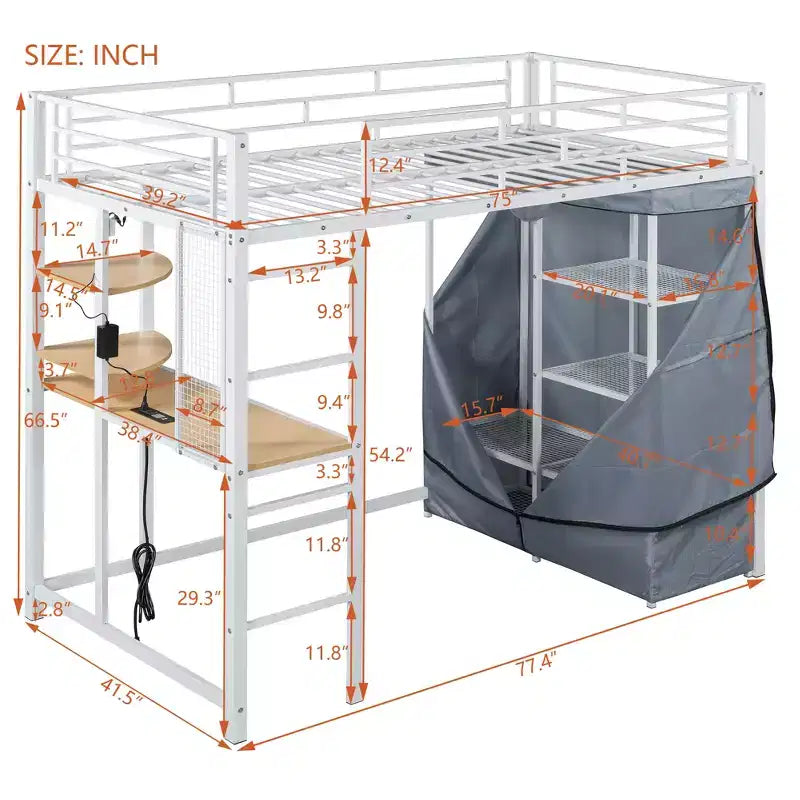 Letto a soppalco in metallo con scrivania integrata, mensole, presa elettrica, luce a LED e guardaroba, singolo/matrimoniale