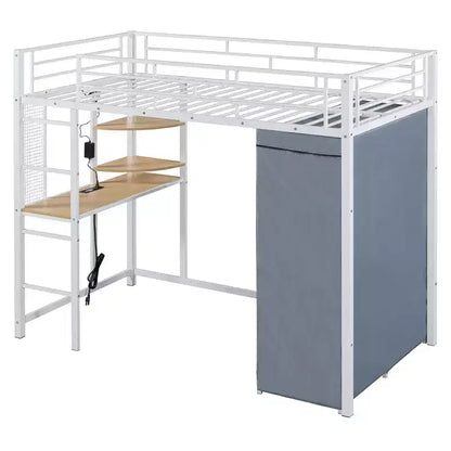 Letto a soppalco in metallo con scrivania integrata, mensole, presa elettrica, luce a LED e guardaroba, singolo/matrimoniale