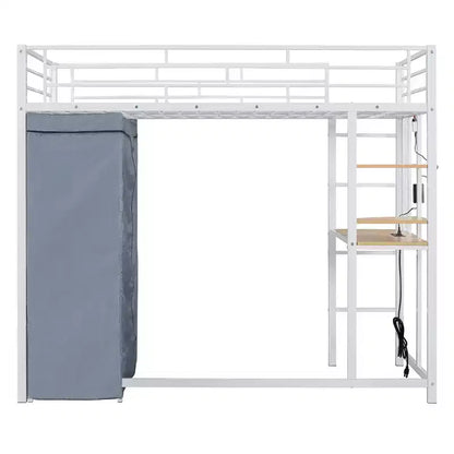 Letto a soppalco in metallo con scrivania integrata, mensole, presa elettrica, luce a LED e guardaroba, singolo/matrimoniale